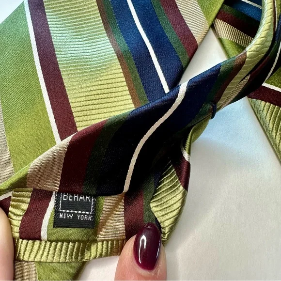 Untipped Ike Behar New York Wide Green Striped Silk Tie - Picture 4 of 7